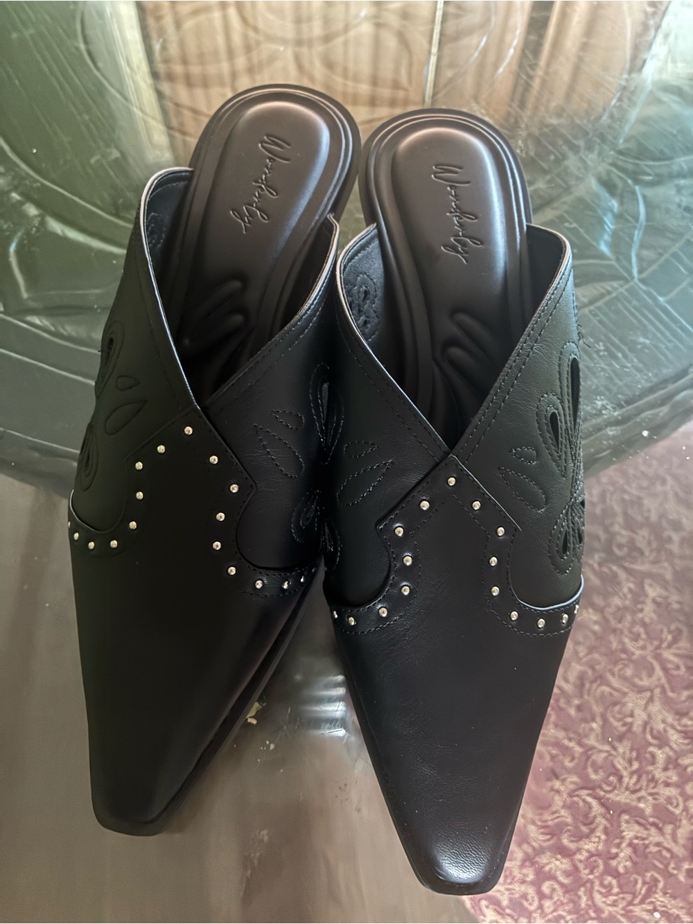 Wonderly Black Studded Pointed Toe Mule heels